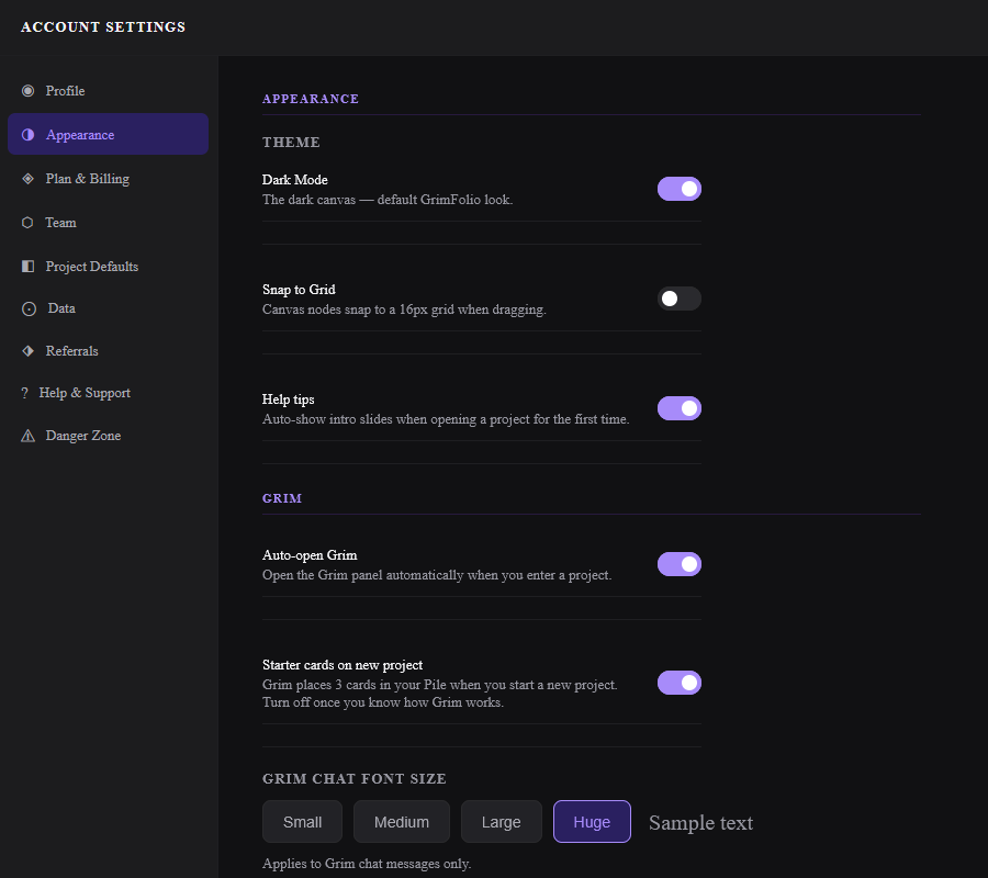 The Appearance tab showing the dark mode theme toggle, snap to grid setting, help tips toggle, and Grim settings section