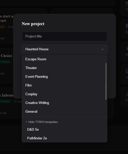 The Create Project modal showing the TTRPG template group expanded and a reference document selected