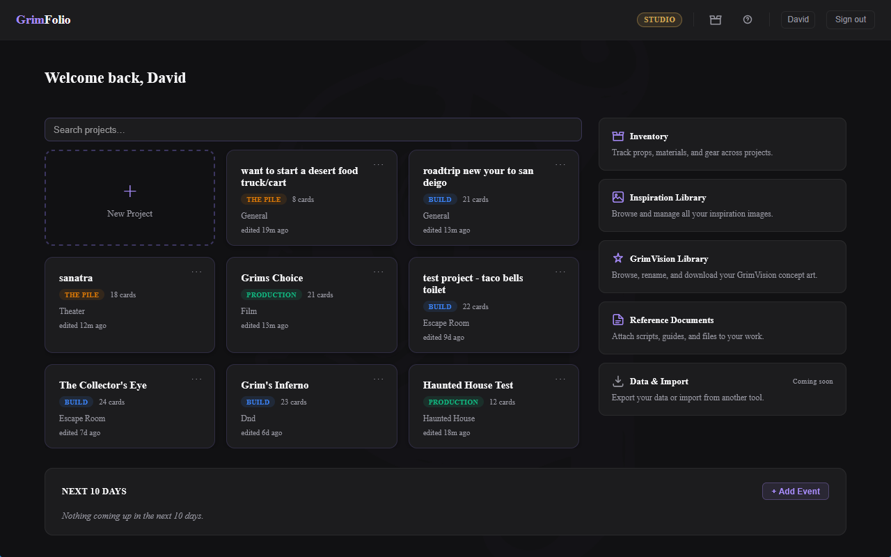 The GrimFolio dashboard showing the project grid, library sidebar, and top navigation bar