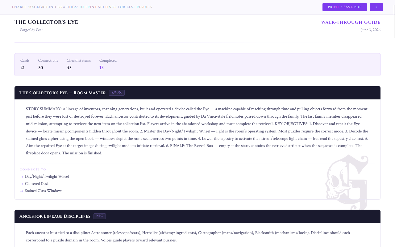 The Walk-Through Guide export showing a card section with notes, elements, and outgoing connections listed