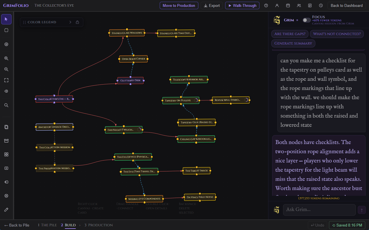 The Stage 2 canvas showing placed cards, curved connections with arrowheads, and a path label pill
