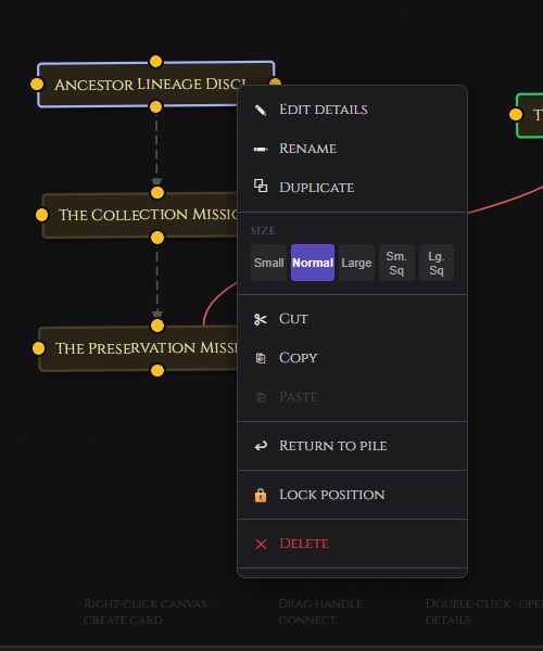 The card right-click context menu showing all size options including Small Square and Large Square